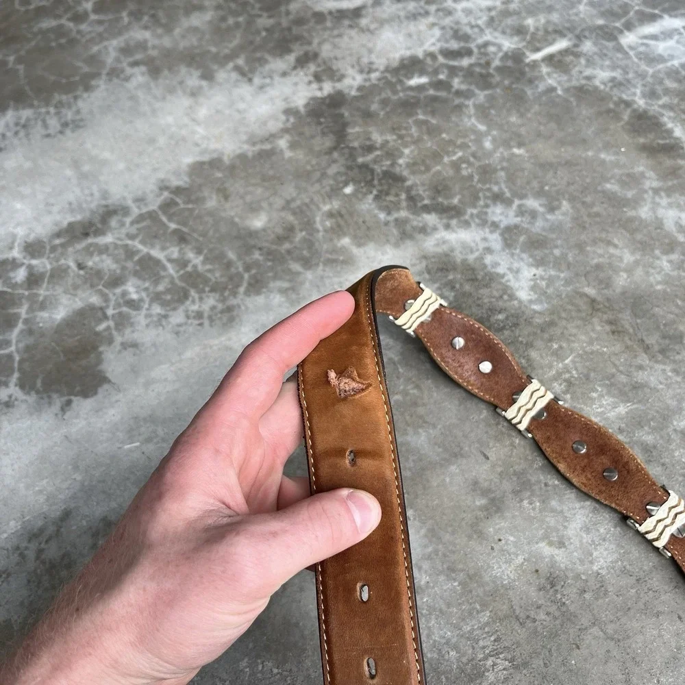 True Vintage Tony Lama Brown Leather Belt Studded Silver Size 44